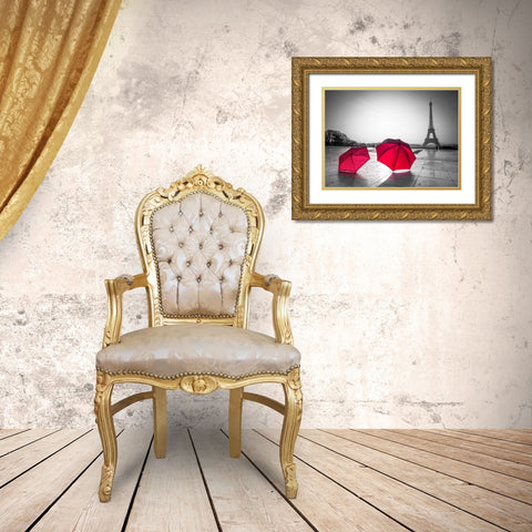 Two Umbrellas in front of the Eiffel tower, Paris, France Gold Ornate Wood Framed Art Print with Double Matting by Frank, Assaf