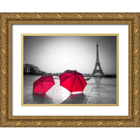Two Umbrellas in front of the Eiffel tower, Paris, France Gold Ornate Wood Framed Art Print with Double Matting by Frank, Assaf