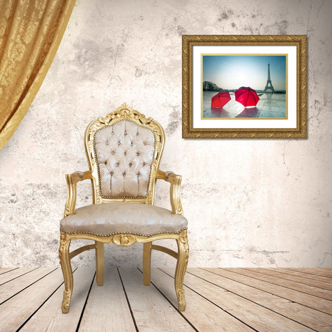 Umbrellas and Eiffel tower Gold Ornate Wood Framed Art Print with Double Matting by Frank, Assaf