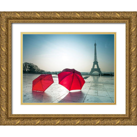Umbrellas and Eiffel tower Gold Ornate Wood Framed Art Print with Double Matting by Frank, Assaf