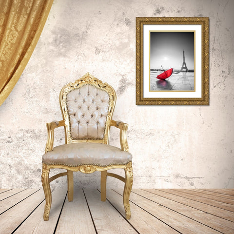 Umbrella in front of the Eiffel tower, Paris, France Gold Ornate Wood Framed Art Print with Double Matting by Frank, Assaf
