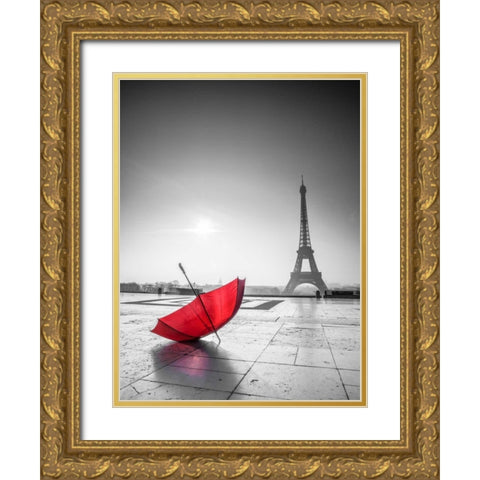 Umbrella in front of the Eiffel tower, Paris, France Gold Ornate Wood Framed Art Print with Double Matting by Frank, Assaf