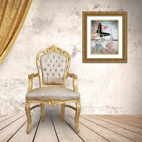 Eiffel tower with butterfly and roses overlay Gold Ornate Wood Framed Art Print with Double Matting by Frank, Assaf
