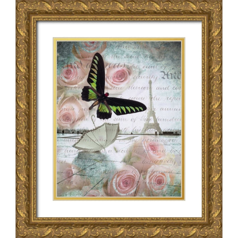 Eiffel tower with butterfly and roses overlay Gold Ornate Wood Framed Art Print with Double Matting by Frank, Assaf