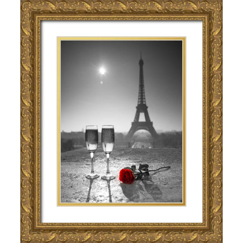 Champagne glasses with red rose next to the Eiffel tower Gold Ornate Wood Framed Art Print with Double Matting by Frank, Assaf