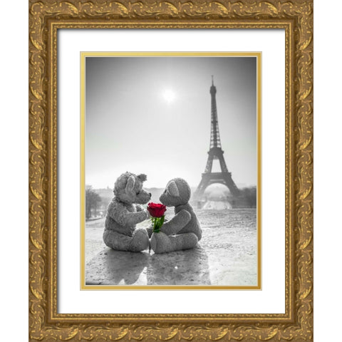 Two Teddy bears with a rose next to the Eiffel tower Gold Ornate Wood Framed Art Print with Double Matting by Frank, Assaf
