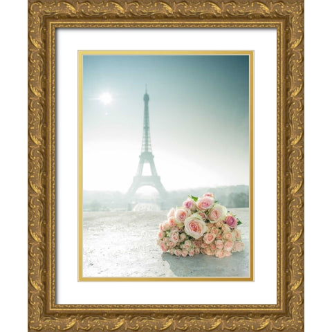 Bunch of roses next to the Eiffel tower Gold Ornate Wood Framed Art Print with Double Matting by Frank, Assaf
