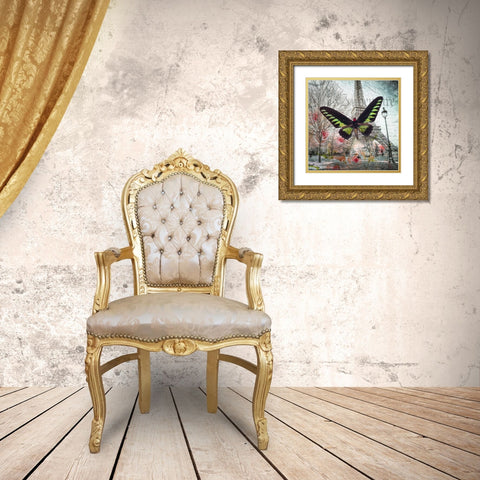 Eiffel tower with butterfly and roses overlay Gold Ornate Wood Framed Art Print with Double Matting by Frank, Assaf