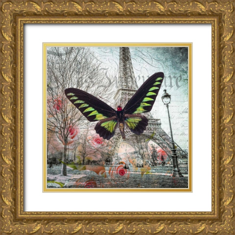 Eiffel tower with butterfly and roses overlay Gold Ornate Wood Framed Art Print with Double Matting by Frank, Assaf