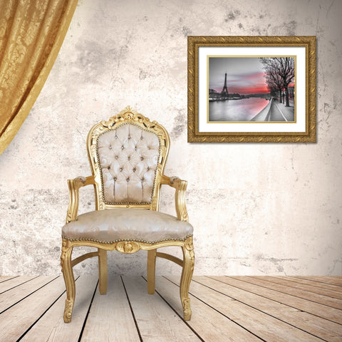 The river Seine and the Eiffel tower at dusk Gold Ornate Wood Framed Art Print with Double Matting by Frank, Assaf