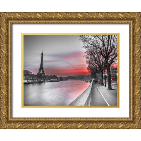 The river Seine and the Eiffel tower at dusk Gold Ornate Wood Framed Art Print with Double Matting by Frank, Assaf