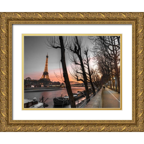 Row of trees, the river Seine and the Eiffel tower at dusk Gold Ornate Wood Framed Art Print with Double Matting by Frank, Assaf