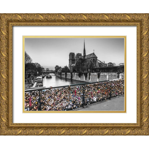 Pont des Arts bridge with love padlocks, Paris Gold Ornate Wood Framed Art Print with Double Matting by Frank, Assaf