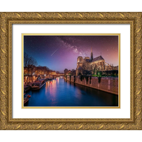 Notre-Dame de Paris at night, France Gold Ornate Wood Framed Art Print with Double Matting by Frank, Assaf