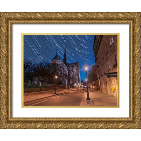 Star Trails above Notre-Dame de Paris Gold Ornate Wood Framed Art Print with Double Matting by Frank, Assaf