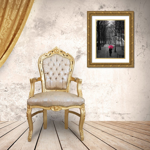 Woman with red umbrella standing on staircase in Montmartre, Paris, France Gold Ornate Wood Framed Art Print with Double Matting by Frank, Assaf