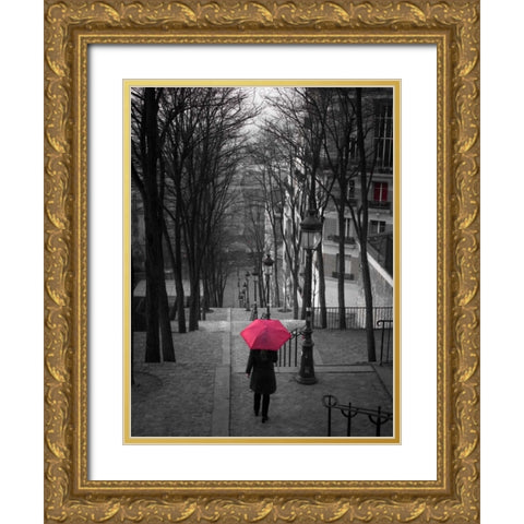 Woman with red umbrella standing on staircase in Montmartre, Paris, France Gold Ornate Wood Framed Art Print with Double Matting by Frank, Assaf