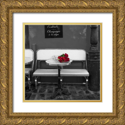 Bunch of flowers on sidewalk cafe table, Paris, France Gold Ornate Wood Framed Art Print with Double Matting by Frank, Assaf