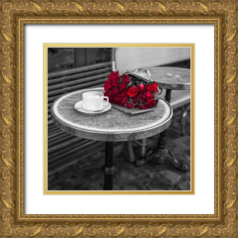 Bunch of flowers on sidewalk cafe table, Paris, France Gold Ornate Wood Framed Art Print with Double Matting by Frank, Assaf