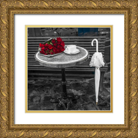 Bunch of flowers on sidewalk cafe table, Paris, France Gold Ornate Wood Framed Art Print with Double Matting by Frank, Assaf