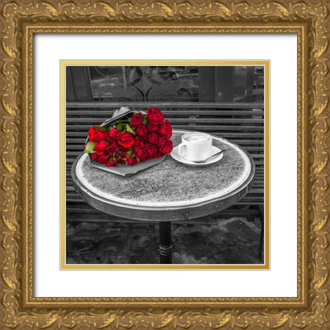 Bunch of flowers on sidewalk cafe table, Paris, France Gold Ornate Wood Framed Art Print with Double Matting by Frank, Assaf