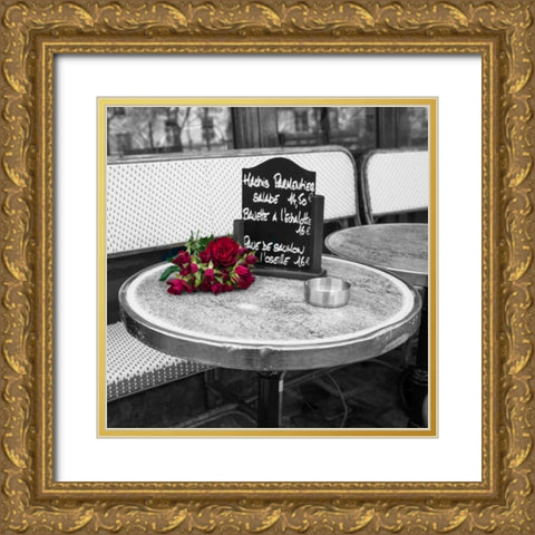 Bunch of flowers on sidewalk cafe table, Paris, France Gold Ornate Wood Framed Art Print with Double Matting by Frank, Assaf