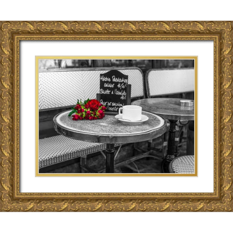 Bunch of flowers on sidewalk cafe table, Paris, France Gold Ornate Wood Framed Art Print with Double Matting by Frank, Assaf