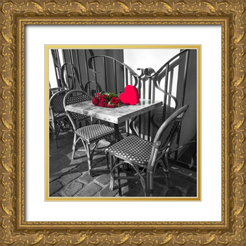 Bunch of roses on a table with heart shapped gift box Gold Ornate Wood Framed Art Print with Double Matting by Frank, Assaf
