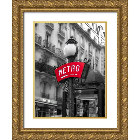 Metro sign post, Montmarte, Paris Gold Ornate Wood Framed Art Print with Double Matting by Frank, Assaf
