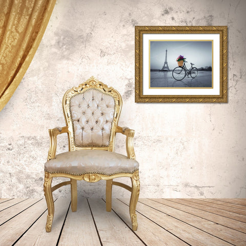 Bicycle with a basket of flowers next to the Eiffel tower, Paris, France Gold Ornate Wood Framed Art Print with Double Matting by Frank, Assaf