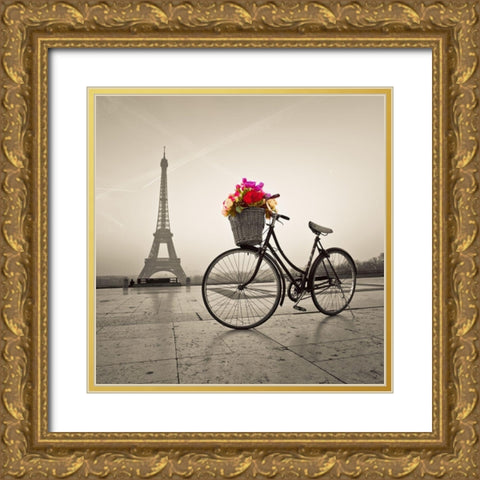 Bicycle with a basket of flowers next to the Eiffel tower Gold Ornate Wood Framed Art Print with Double Matting by Frank, Assaf