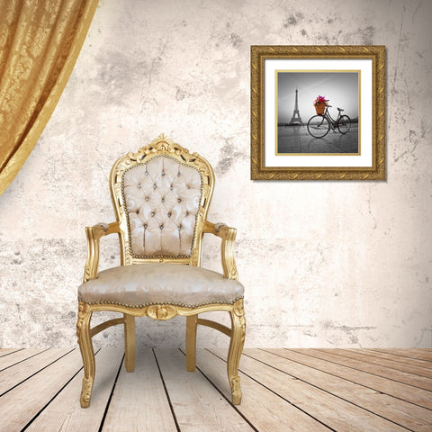 Bicycle with a basket of flowers next to the Eiffel tower Gold Ornate Wood Framed Art Print with Double Matting by Frank, Assaf