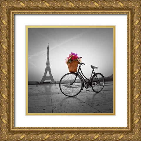 Bicycle with a basket of flowers next to the Eiffel tower Gold Ornate Wood Framed Art Print with Double Matting by Frank, Assaf