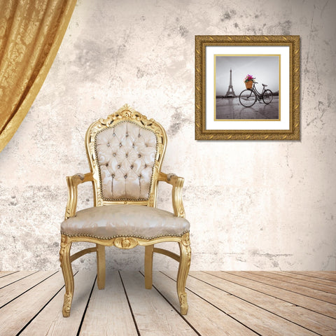 Bicycle with a basket of flowers next to the Eiffel tower Gold Ornate Wood Framed Art Print with Double Matting by Frank, Assaf