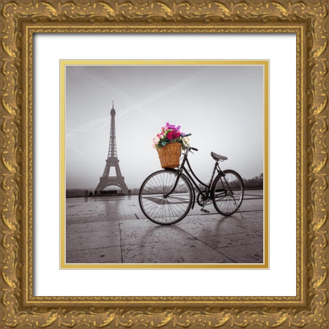 Bicycle with a basket of flowers next to the Eiffel tower Gold Ornate Wood Framed Art Print with Double Matting by Frank, Assaf