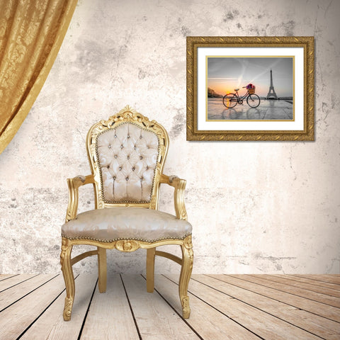 Bicycle with a basket of flowers next to the Eiffel tower, Paris, France Gold Ornate Wood Framed Art Print with Double Matting by Frank, Assaf
