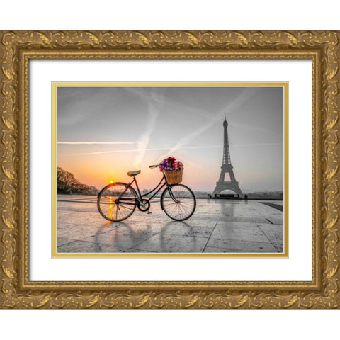 Bicycle with a basket of flowers next to the Eiffel tower, Paris, France Gold Ornate Wood Framed Art Print with Double Matting by Frank, Assaf