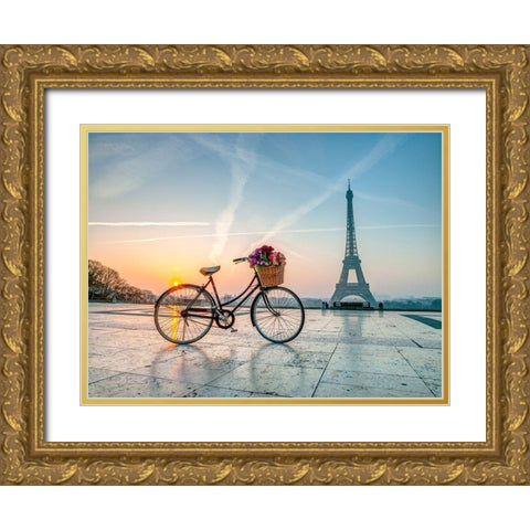Bicycle and Eiffel tower Gold Ornate Wood Framed Art Print with Double Matting by Frank, Assaf