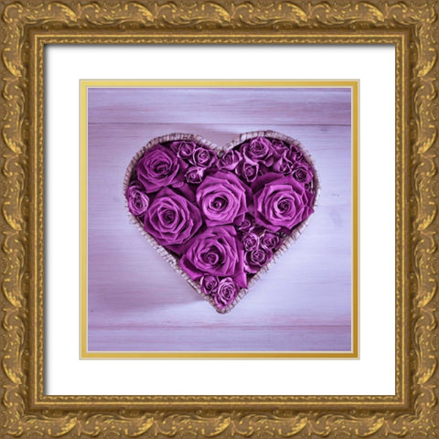 Roses in a heart shaped wicker basket Gold Ornate Wood Framed Art Print with Double Matting by Frank, Assaf
