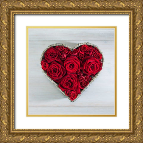 Roses in a heart shaped wicker basket Gold Ornate Wood Framed Art Print with Double Matting by Frank, Assaf