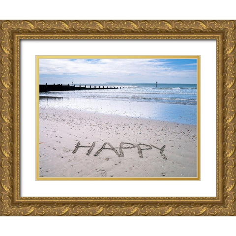 HAPPY written on beach Gold Ornate Wood Framed Art Print with Double Matting by Frank, Assaf