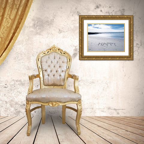 HAPPY message written in smooth sand at the beach Gold Ornate Wood Framed Art Print with Double Matting by Frank, Assaf