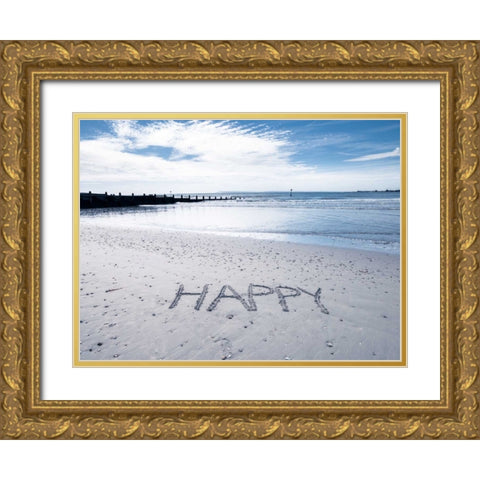 HAPPY message written in smooth sand at the beach Gold Ornate Wood Framed Art Print with Double Matting by Frank, Assaf