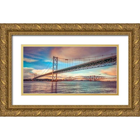 Forth Road Birdge at dusk Gold Ornate Wood Framed Art Print with Double Matting by Frank, Assaf