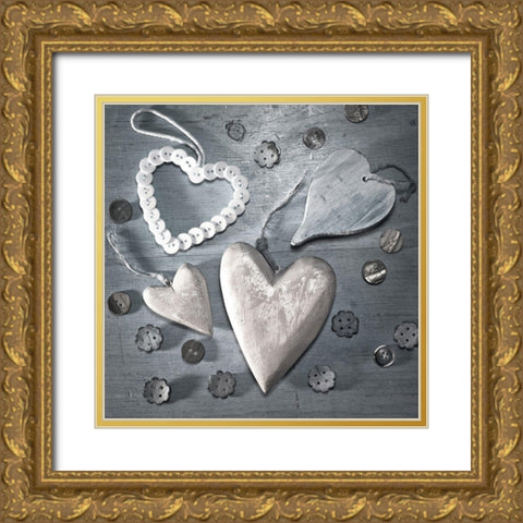 Assorted wooden hearts and buttons Gold Ornate Wood Framed Art Print with Double Matting by Frank, Assaf