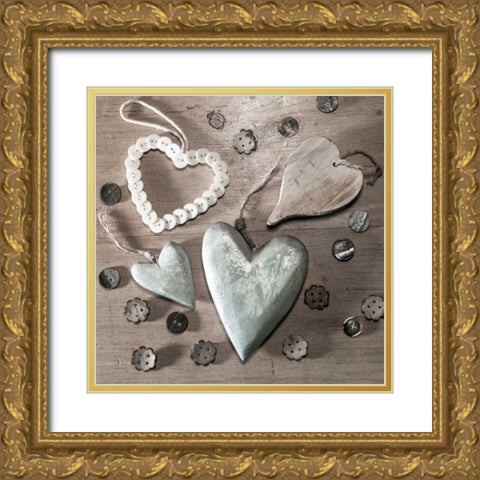 Assorted wooden hearts and buttons Gold Ornate Wood Framed Art Print with Double Matting by Frank, Assaf