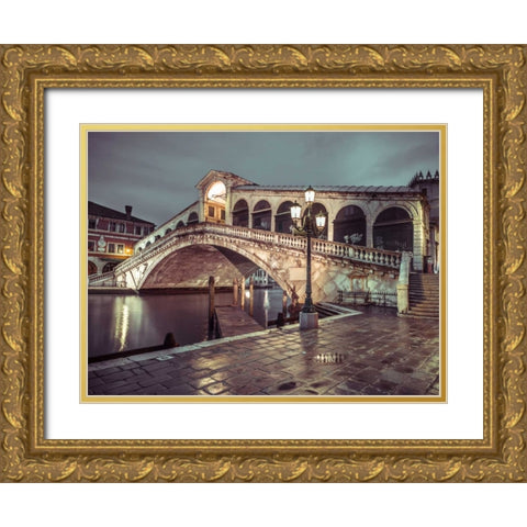 Rialto Bridge at night, Venice, Italy, FTBR-1890 Gold Ornate Wood Framed Art Print with Double Matting by Frank, Assaf