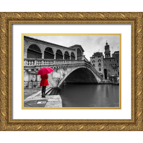 A woman in a red dress holding red umbrella and standing next to the Rialto bridge, Venice, Italy Gold Ornate Wood Framed Art Print with Double Matting by Frank, Assaf