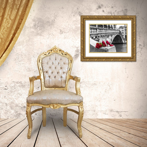 Bunch of red roses and red high heel shoes, Rialto Bridge, Venice, Italy Gold Ornate Wood Framed Art Print with Double Matting by Frank, Assaf