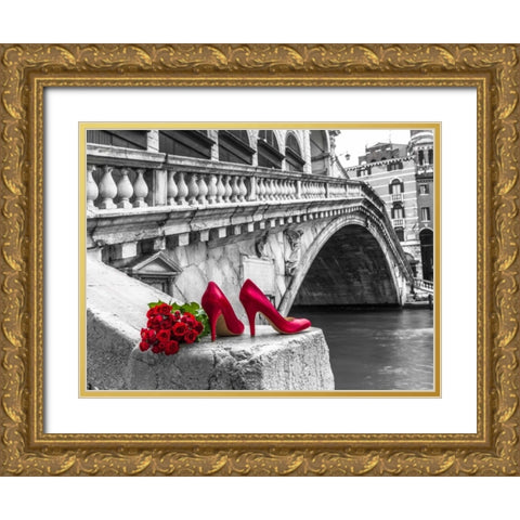 Bunch of red roses and red high heel shoes, Rialto Bridge, Venice, Italy Gold Ornate Wood Framed Art Print with Double Matting by Frank, Assaf